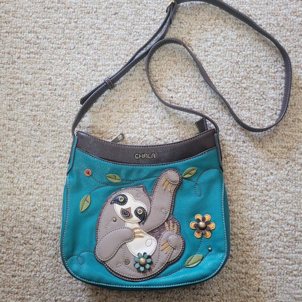 Chala Sloth Messenger Crescent Crossbody Purse Bag Turquoise Blue Embroidered - Picture 2 of 12